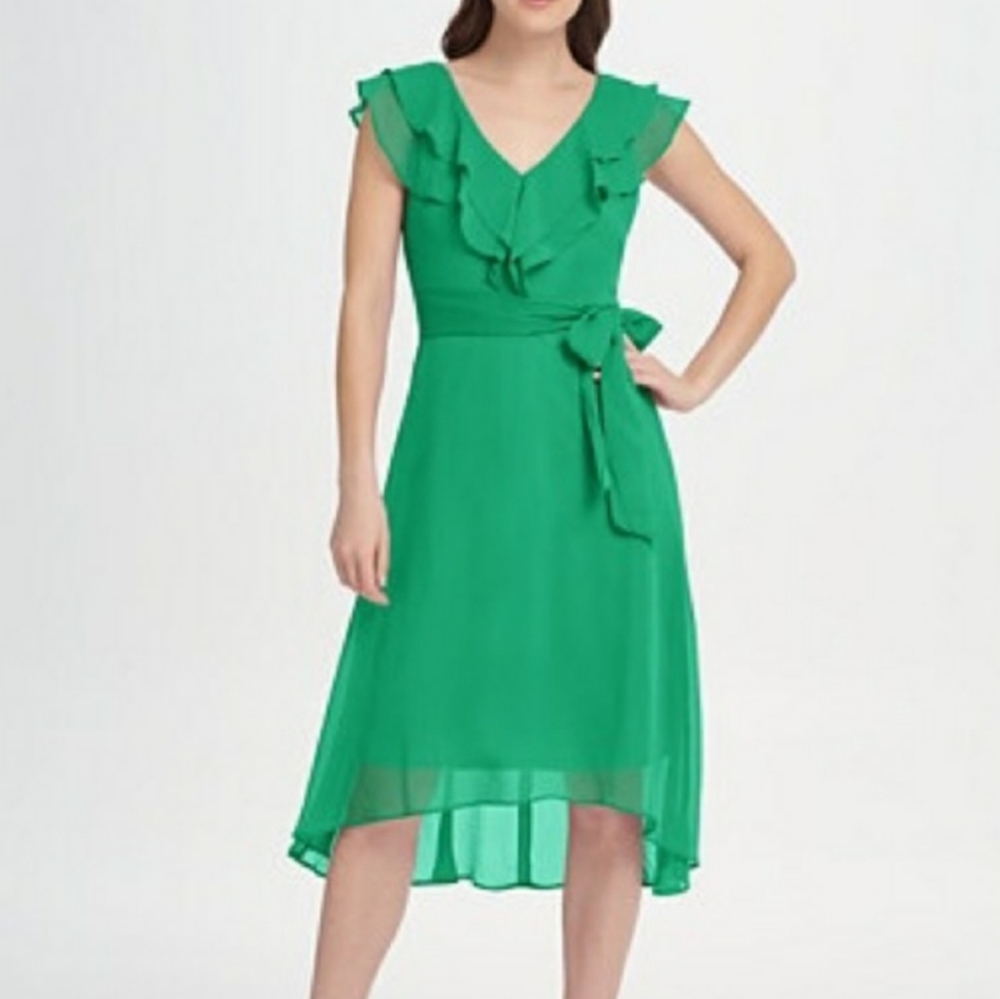 DKNY Double Ruffle-Collar Midi Chiffon Dress In Apple Green Size 6